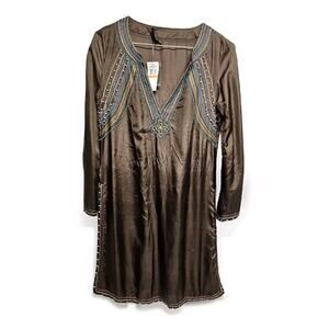 BCBGMAXAZRIA NWT 100% Silk Beaded Tunic Top Boho Dress Chocolate Brown  Small